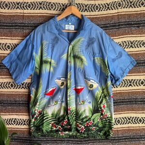 Go Hawaii Hawaiian Button Up Shirt Mens XL Blue Martini Tropical Palm Tree